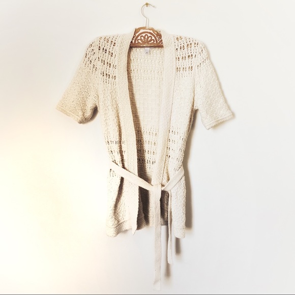 Loft Ivory Crochet Elbow Sleeve Cardigan w/Belt - Picture 2 of 6